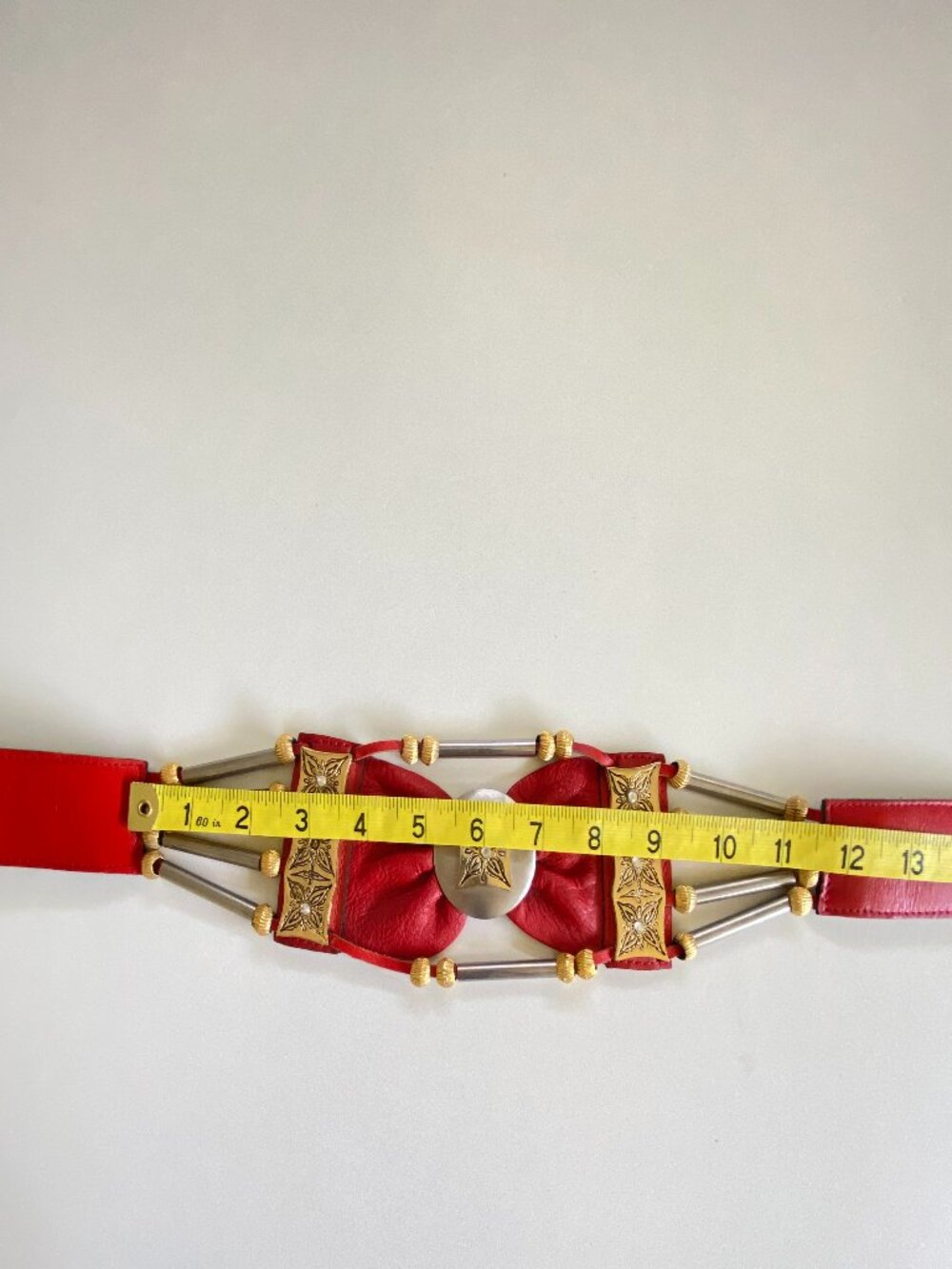 CATC VTG Leather Rustic Statement Belt Turkey OOAK Red Black Mixed Metal 31.5-35 - Picture 15 of 16